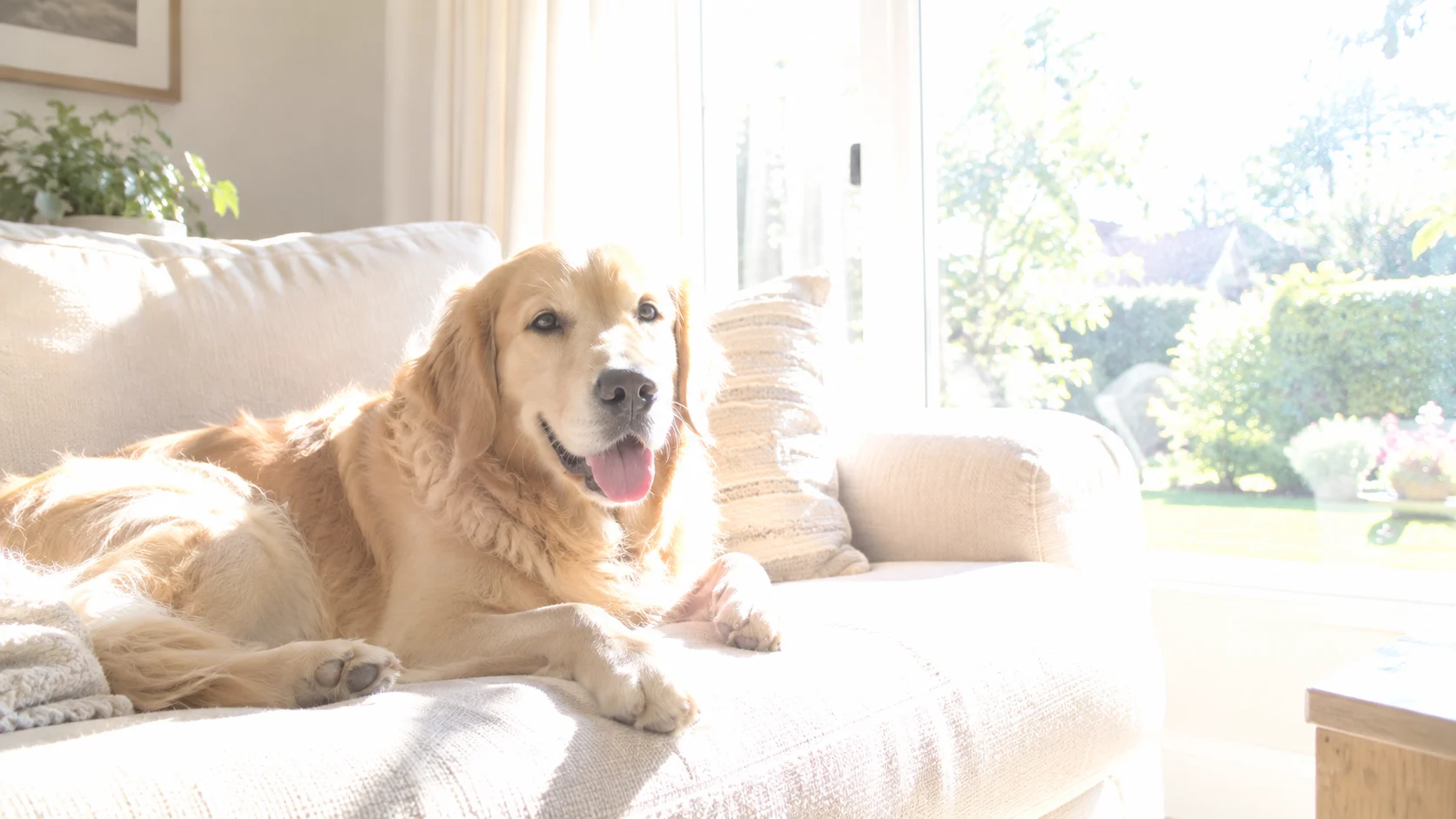 Golden retriever by a bright window before correction
