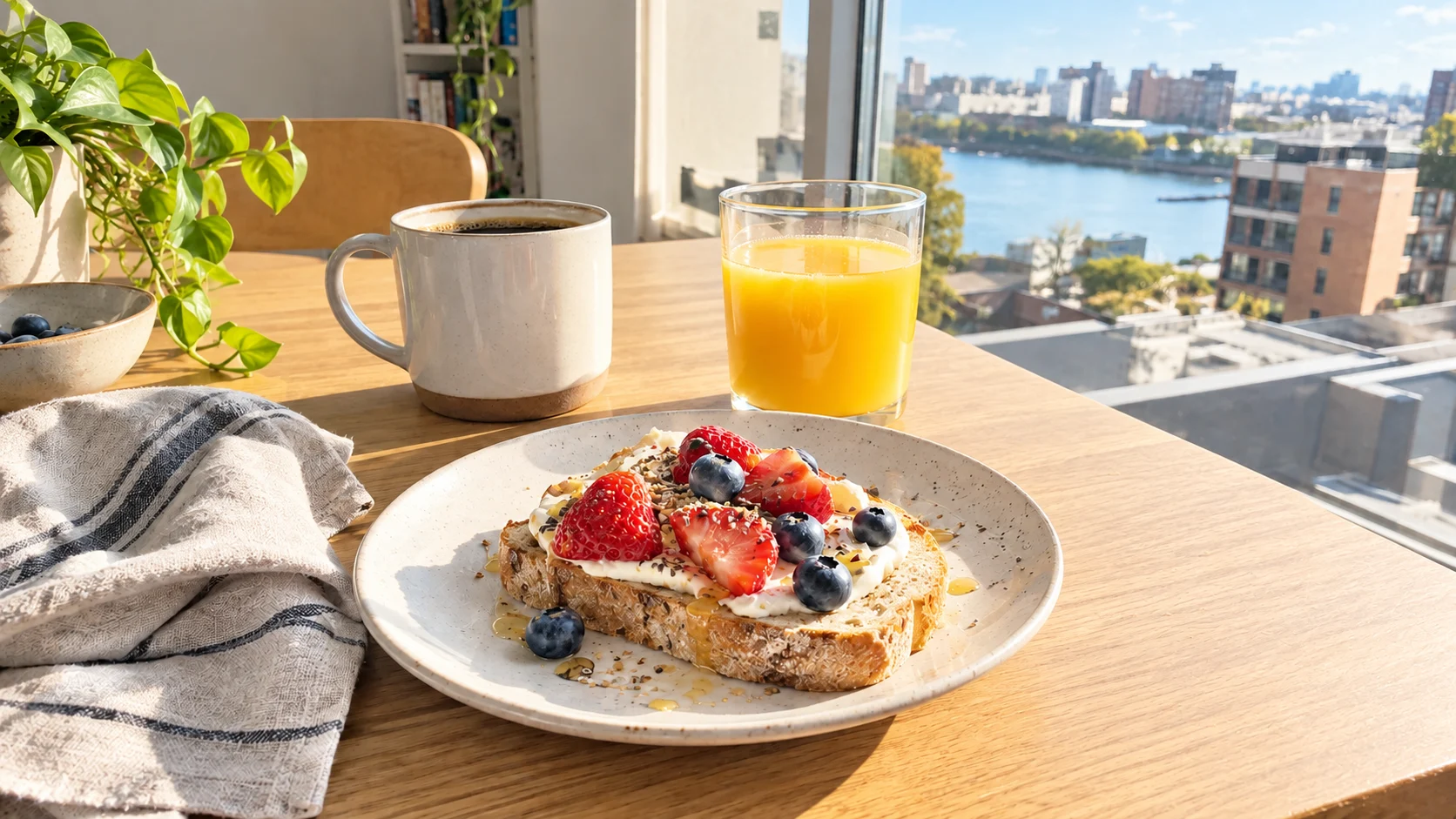 Brunch table beside a window after exposure correction