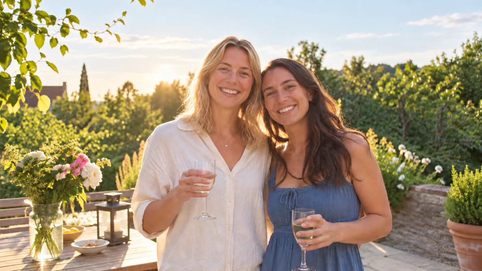 Two friends at a garden celebration after correction