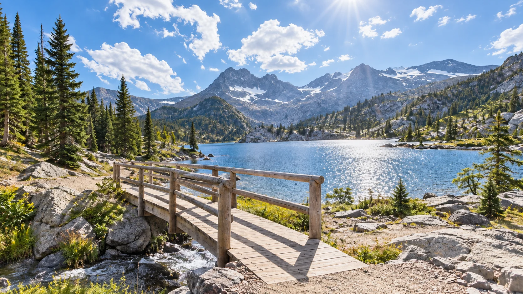 Mountain lake footbridge after exposure correction